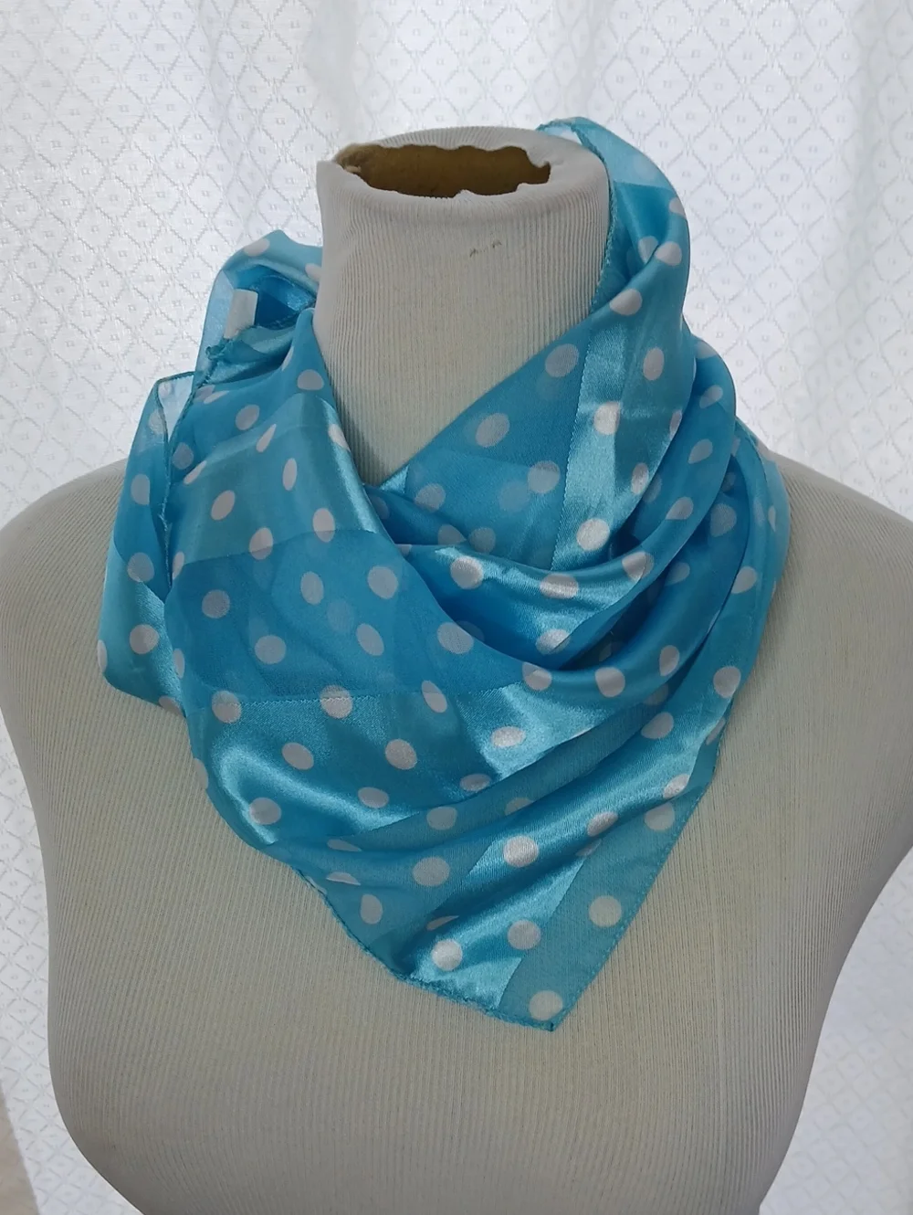 Blue And White Polka Dot Satin Scarf - Women's Accessory